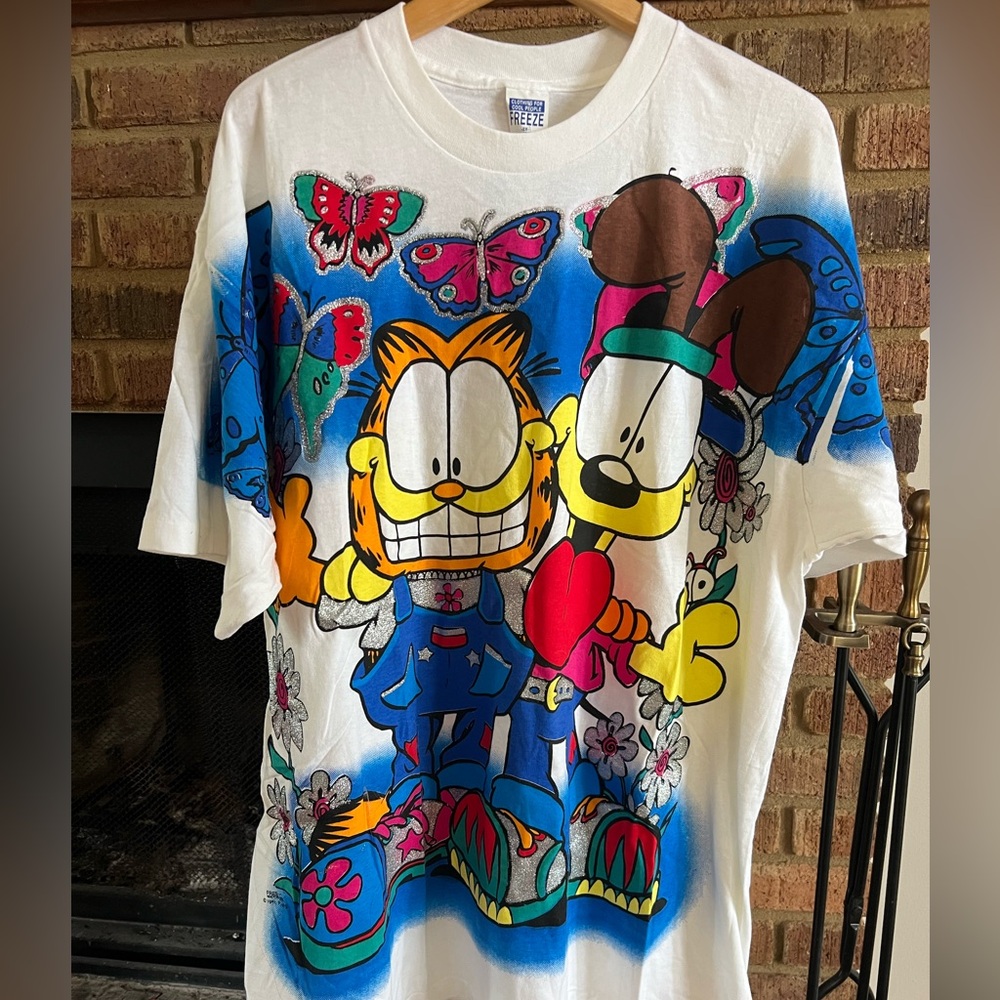 Vintage Garfield & Odie Hippie Cartoon Graphic T-Shirt - White & Blue